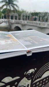 Guía de viajes mostrando un libro de fotos junto a un puente y palmeras.