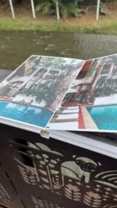 Imagen de un catálogo de diseño de interiores con vistas a una piscina y un entorno tropical, promocionando servicios de arquitectura y decoración.