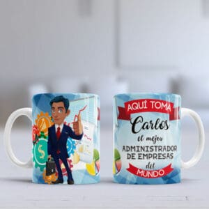 Gerente de empresa personalizado, taza con nombre y cargo, regalo corporativo de impres, oficina elegante, antigüedad laboral.