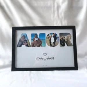 Marco de fotos personalizado con fotos y nombre, ideal para decorar y conservar momentos especiales.