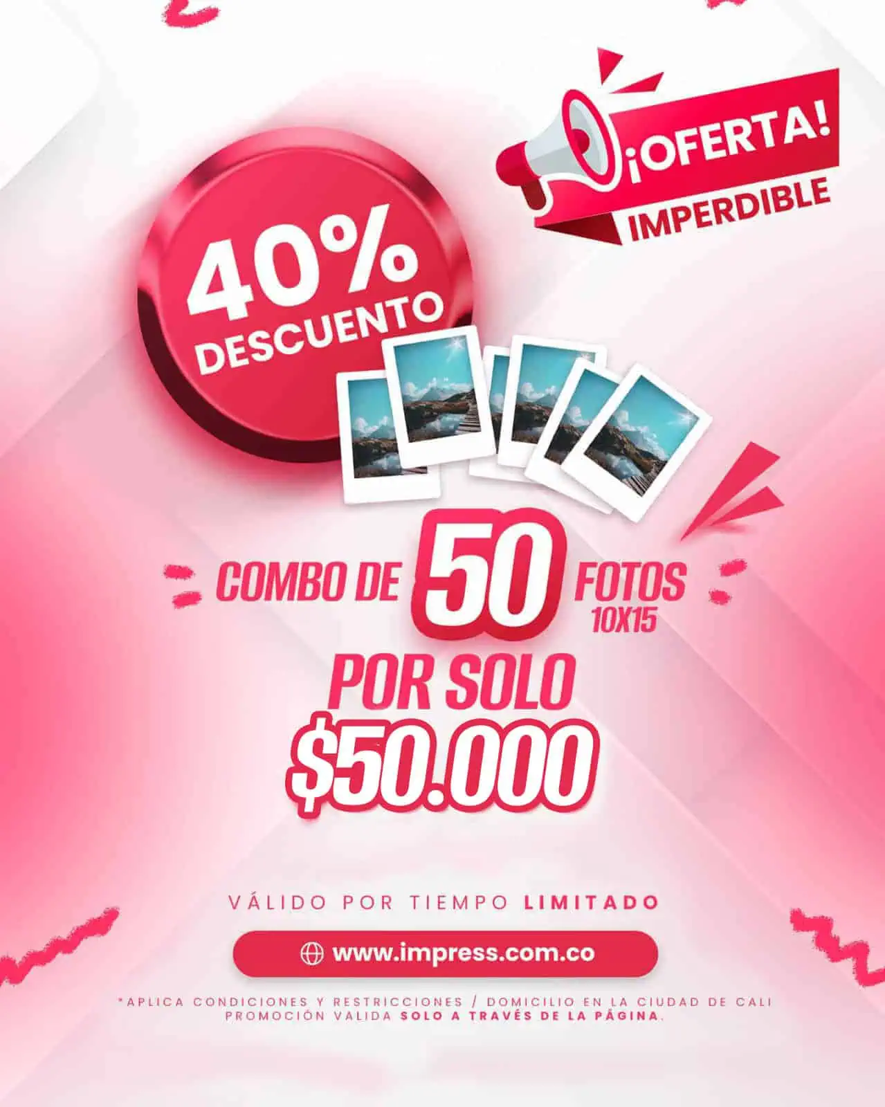 1. Oferta impresión fotos con 40% de descuento en combo de 50 fotos 10x15.