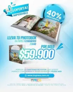 Fotos de photobook con cifra de descuento del 40% en impresiones fotográficas.