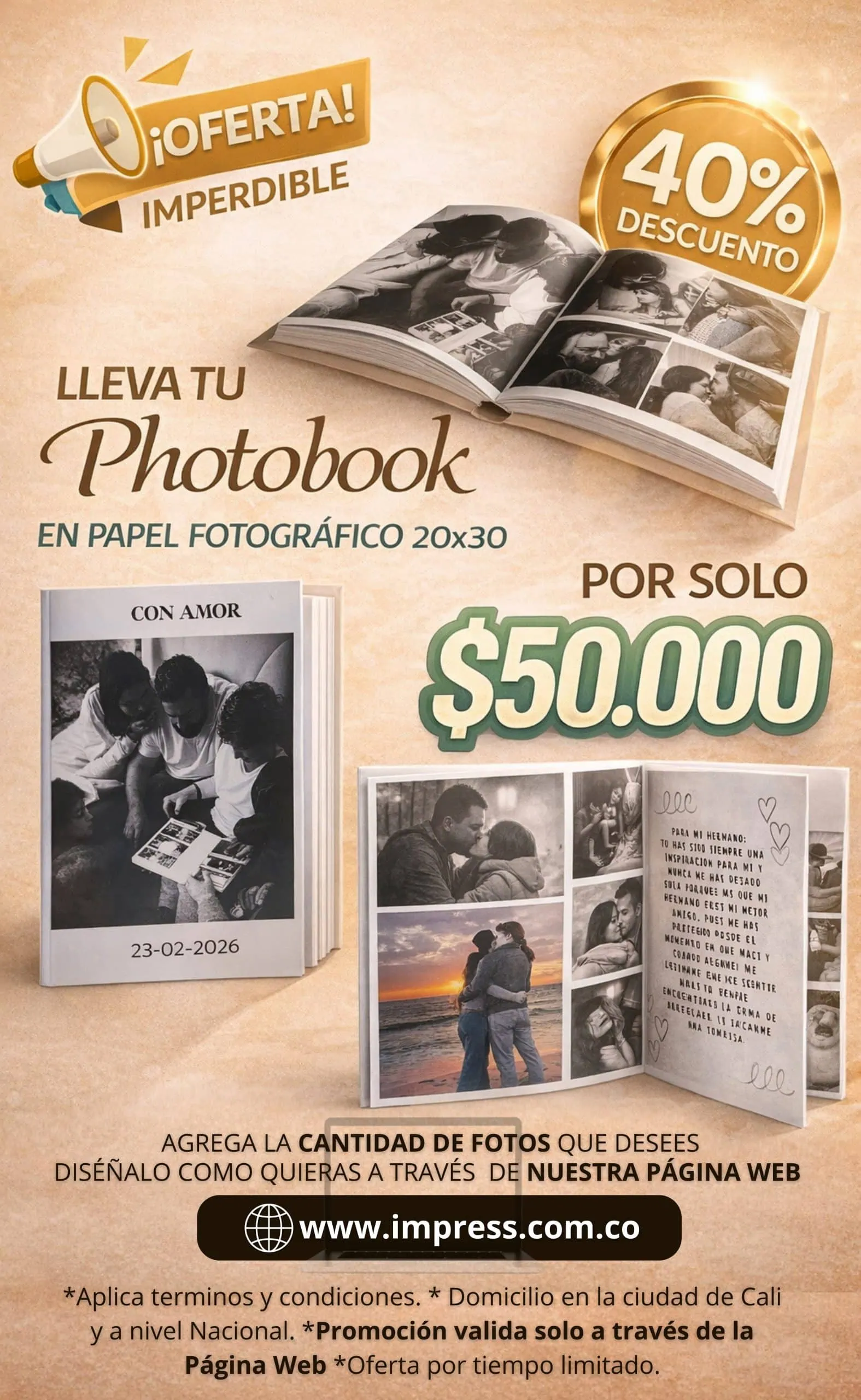 Álbum fotográfico personalizado con 40% de descuento y precio especial de $50,000 en impresiones de.